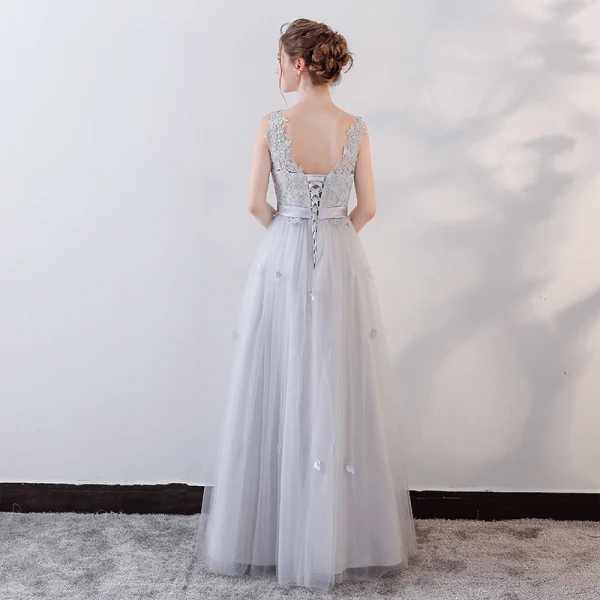 Élégant Gris Robe De Soirée 2018 Princesse Cristal En Dentelle Fleur Appliques Ceinture V-Cou Dos Nu Sans Manches Longue Robe De Ceremonie