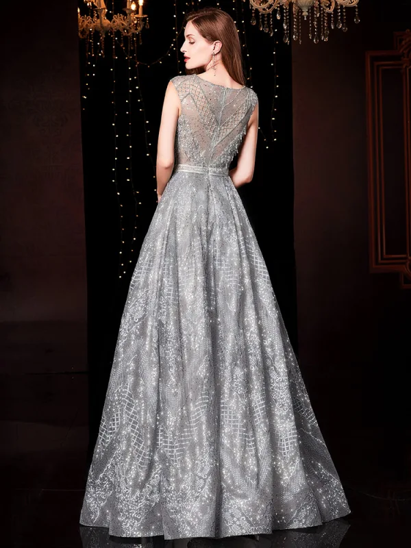 Luxury / Gorgeous Silver Evening Dresses  2019 A-Line / Princess Scoop Neck Lace Sequins Sleeveless Backless Floor-Length / Long Formal Dresses