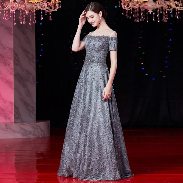 Luxury / Gorgeous Grey Evening Dresses  2019 A-Line / Princess Scoop Neck Beading Rhinestone Lace Flower Short Sleeve Floor-Length / Long Formal Dresses