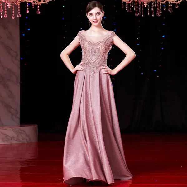 Luxury / Gorgeous Candy Pink Evening Dresses  2019 A-Line / Princess Scoop Neck Beading Tassel Pearl Lace Flower Crystal Cap Sleeves Floor-Length / Long Formal Dresses