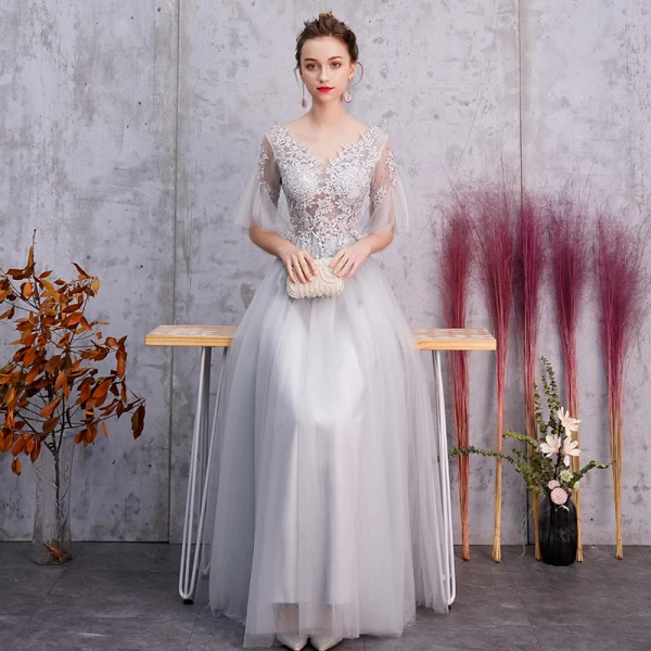 Elegant Silver Evening Dresses 2019 A-Line / Princess V-Neck Rhinestone Lace Flower 1/2 Sleeves Backless Floor-Length / Long Formal Dresses