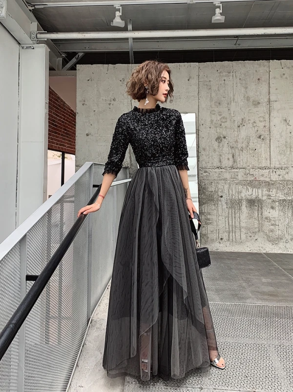 Modern / Fashion Black Evening Dresses 2019 A-Line / Princess Sequins High Neck 1/2 Sleeves Backless Floor-Length / Long Formal Dresses