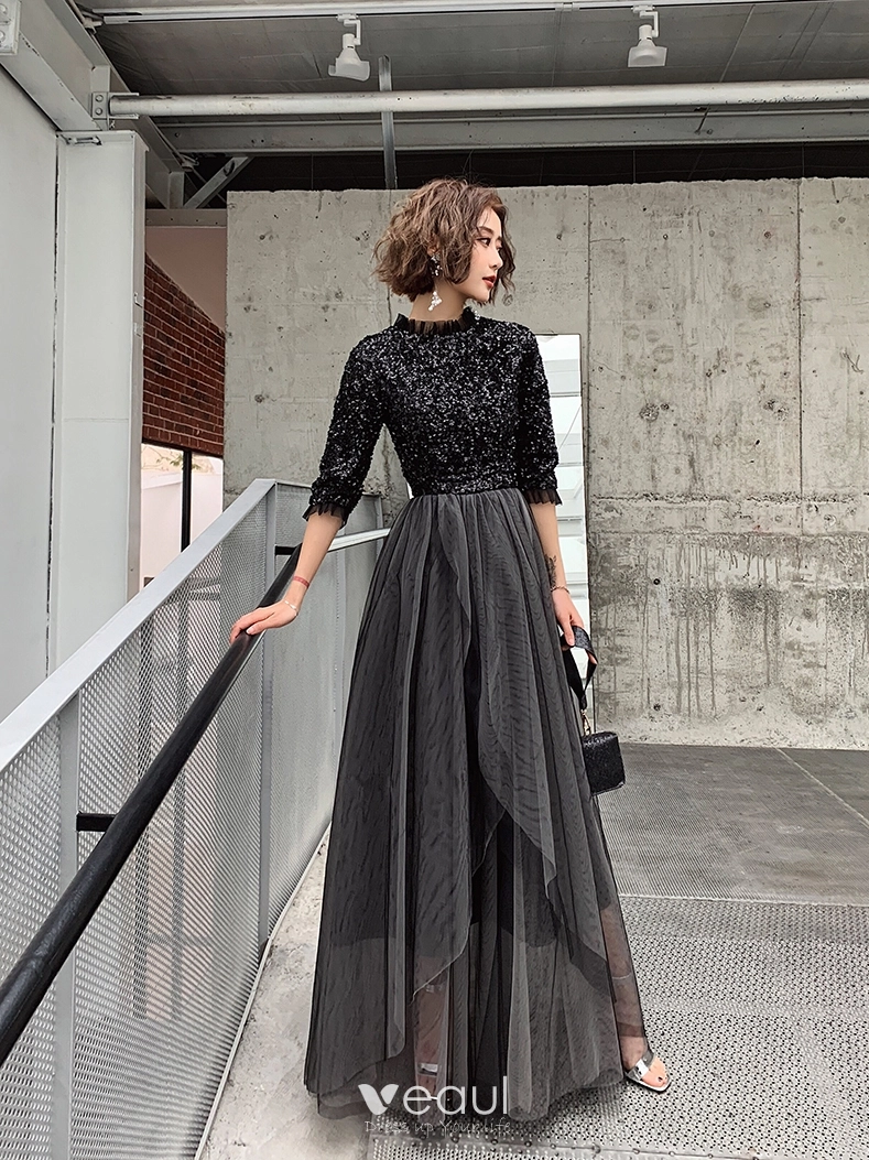 Modern Fashion Black Evening Dresses 2019 A Line Princess Sequins High Neck 1 2 Sleeves Backless Floor Length Long Formal Dresses