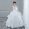 Elegant White Wedding Dresses 2018 Ball Gown Lace Flower Scoop Neck Pierced Cascading Ruffles 1/2 Sleeves Floor-Length / Long Wedding