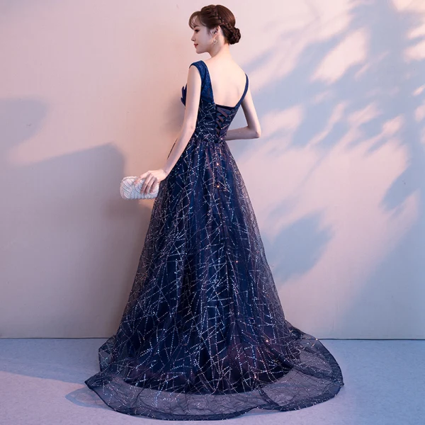 Chic / Beautiful Navy Blue Evening Dresses 2019 A-Line / Princess V-Neck Sequins Rhinestone Lace Flower Sleeveless Backless Sweep Train Formal Dresses