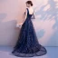 Chic / Beautiful Navy Blue Evening Dresses  2019 A-Line / Princess V-Neck Sequins Rhinestone Lace Flower Sleeveless Backless Sweep Train Formal Dresses
