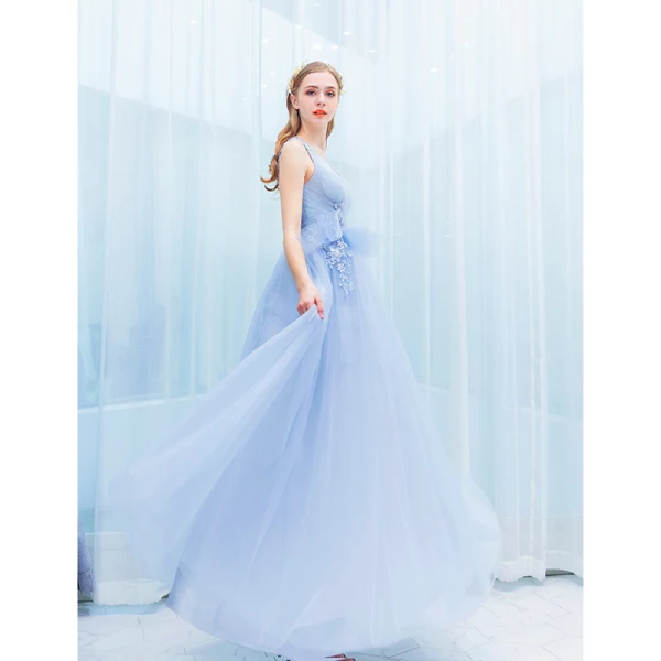 Élégant Bleu Ciel Volants Robe De Soirée 2019 Princesse V-Cou Paillettes En Dentelle Fleur Noeud Sans Manches Dos Nu Longue Robe De Ceremonie