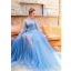 Moderne / Mode Bleu Robe De Soirée 2019 Princesse Col Haut Perle Appliques Paillettes En Dentelle Fleur Manches Longues Dos Nu Longue Robe De Ceremonie