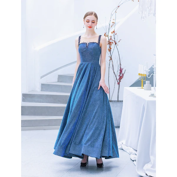 Charming Ocean Blue Evening Dresses 2019 A-Line / Princess Scoop Neck Rhinestone Sequins Sleeveless Floor-Length / Long Formal Dresses
