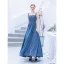 Charming Ocean Blue Evening Dresses  2019 A-Line / Princess Scoop Neck Rhinestone Sequins Sleeveless Floor-Length / Long Formal Dresses