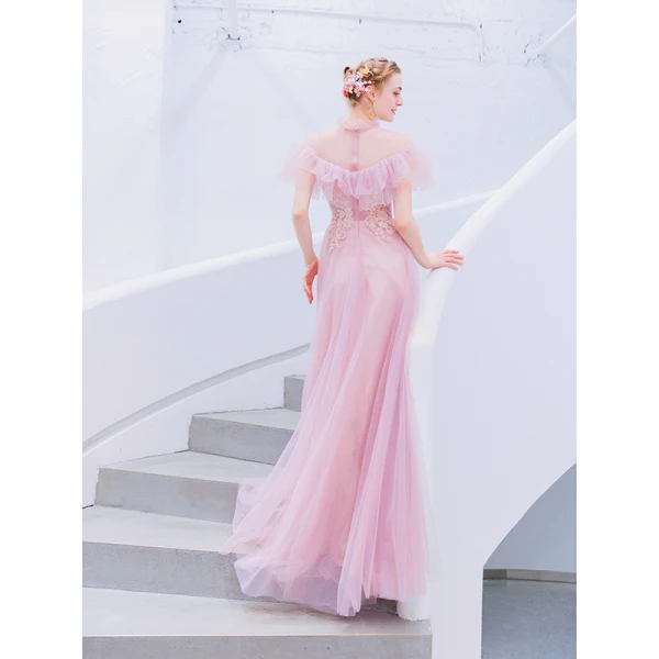 Vintage / Retro Lovely Candy Pink Evening Dresses 2019 A-Line / Princess High Neck Pearl Sequins Lace Flower Short Sleeve Floor-Length / Long Formal Dresses