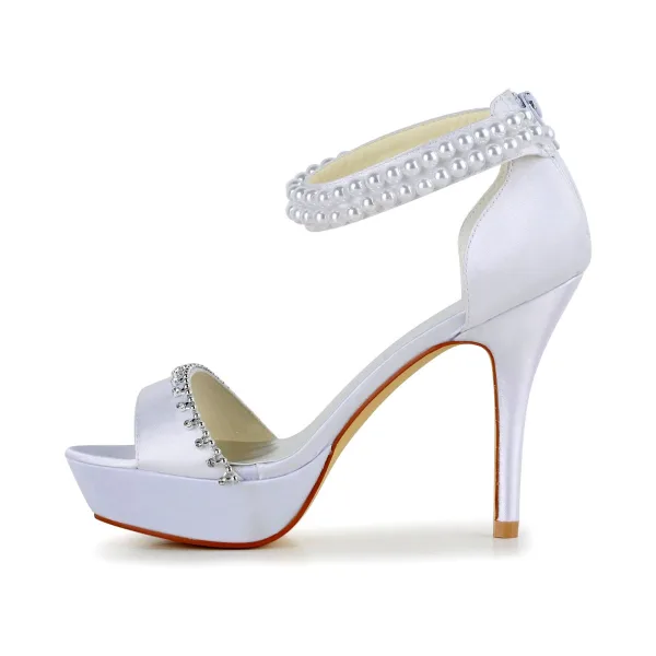 Sexy White Satin Prom Latin Dance Shoes 2021 Pearl Ankle Strap 10 cm Open / Peep Toe Womens Sandals High Heels