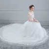 Elegant White Wedding Dresses 2018 Ball Gown Lace Flower Beading Sequins V-Neck Backless Sleeveless Chapel Train Wedding