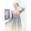 Uroczy Gradient-Kolorów Sukienki Wieczorowe 2019 Princessa V-Szyja Frezowanie Gwiazda Cekiny Długie Rękawy Bez Pleców Długie Sukienki Wizytowe