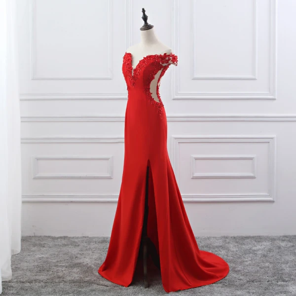 Chic / Belle Bordeaux Robe De Soirée 2019 Trompette / Sirène De l'épaule Perlage Paillettes En Dentelle Fleur Manches Courtes Dos Nu Train De Balayage Fendue devant Robe De Ceremonie