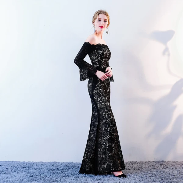 Chic / Beautiful Black Evening Dresses 2018 Trumpet / Mermaid Lace Flower Off-The-Shoulder Backless Long Sleeve Floor-Length / Long Formal Dresses