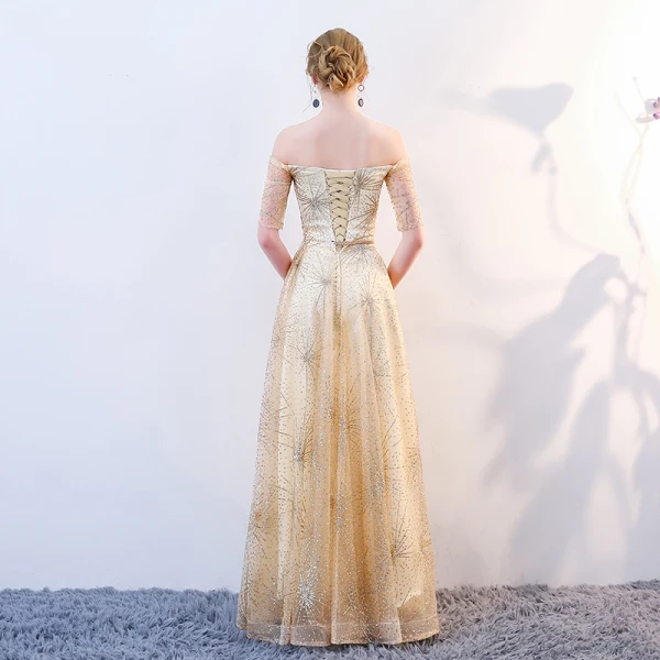 Scintillantes Doré Robe De Soirée 2018 Princesse Glitter Paillettes Métal Ceinture De l'épaule Dos Nu Manches Courtes Longue Robe De Ceremonie