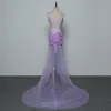 Sexy Lilac See-through Evening Dresses  2019 Trumpet / Mermaid V-Neck Appliques Sleeveless Backless Sweep Train Formal Dresses
