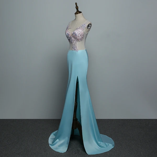 Sexy Bleu Robe De Soirée 2019 Trompette / Sirène V-Cou Faux Diamant En Dentelle Fleur Sans Manches Dos Nu Train De Balayage Robe De Ceremonie