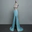 Sexy Bleu Robe De Soirée 2019 Trompette / Sirène V-Cou Faux Diamant En Dentelle Fleur Sans Manches Dos Nu Train De Balayage Robe De Ceremonie