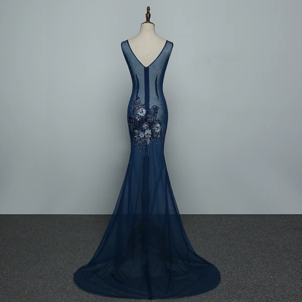 Sexy Marineblau Durchsichtige Abendkleider 2019 Meerjungfrau V-Ausschnitt Perle Strass Spitze Blumen Ärmellos Rückenfreies Sweep / Pinsel Zug Festliche Kleider