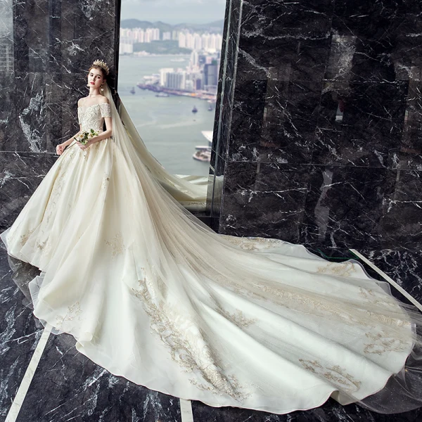 Charming Champagne Wedding Dresses 2019 A-Line / Princess Off-The-Shoulder Beading Sequins Lace Flower Short Sleeve Backless Royal Train