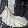 Charming Champagne Wedding Dresses 2019 A-Line / Princess Off-The-Shoulder Beading Sequins Lace Flower Short Sleeve Backless Royal Train