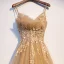 Élégant Champagne Robe De Soirée 2019 Princesse Bretelles Spaghetti Perlage Faux Diamant En Dentelle Fleur Sans Manches Dos Nu Longue Robe De Ceremonie