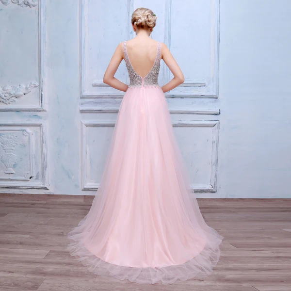 Élégant Rougissant Rose Robe De Bal 2018 Princesse Perlage Paillettes Cristal Perle V-Cou Dos Nu Sans Manches Longue Robe De Ceremonie