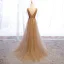 Élégant Champagne Robe De Soirée 2019 Princesse V-Cou Perlage Faux Diamant Appliques En Dentelle Fleur Manches Courtes Dos Nu Train De Balayage Robe De Ceremonie