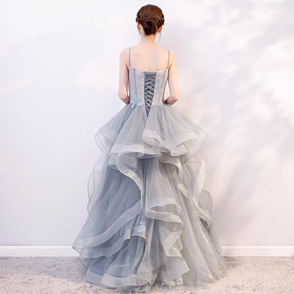 Modern / Fashion Sage Green Silver Prom Dresses 2019 A-Line / Princess Spaghetti Straps Lace Flower Sleeveless Backless Cascading Ruffles Floor-Length / Long Formal Dresses