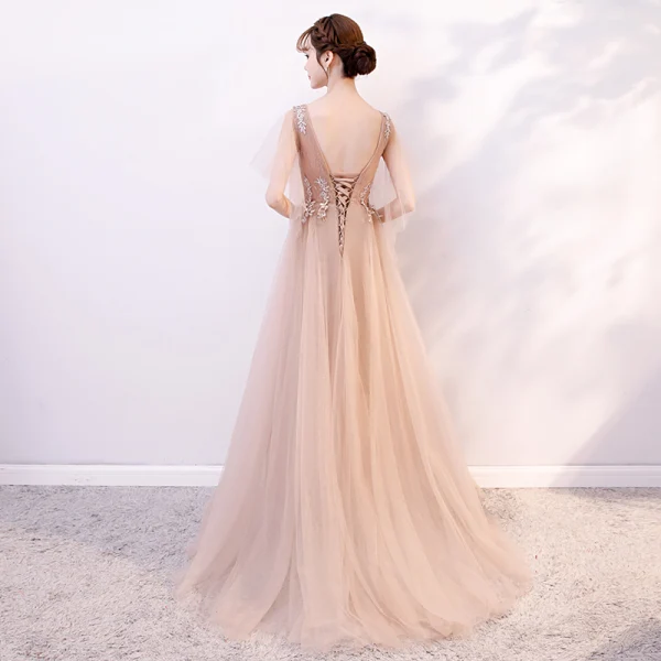Elegant Champagne Evening Dresses 2019 A-Line / Princess V-Neck Appliques Lace Flower Sequins Short Sleeve Backless Floor-Length / Long Formal Dresses