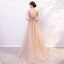 Elegant Champagne Evening Dresses  2019 A-Line / Princess V-Neck Appliques Lace Flower Sequins Short Sleeve Backless Floor-Length / Long Formal Dresses