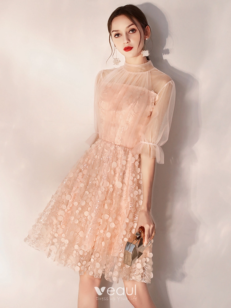 Modern Fashion Pearl Pink Homecoming Graduation Dresses 2019 A Line  Princess High Neck Appliques Sequins 1 2 Sleeves Knee Length Formal Dresses