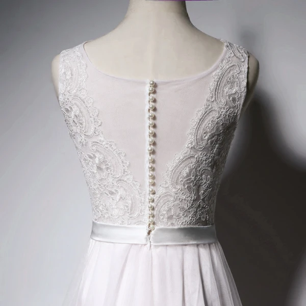 Elegant White Pearl Pink Evening Dresses A-Line / Princess 2018 Pearl Covered Button Lace Flower Sash Scoop Neck Sleeveless Floor-Length / Long Formal Dresses