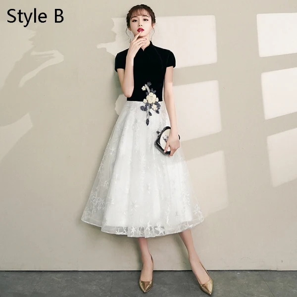 Chinese style Black Homecoming Graduation Dresses 2019 A-Line / Princess High Neck Lace Flower Star Short Sleeve Tea-length Formal Dresses