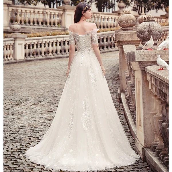 Chic / Beautiful Champagne Wedding Dresses 2019 A-Line / Princess Off-The-Shoulder Star Beading Lace Flower Short Sleeve Backless Floor-Length / Long
