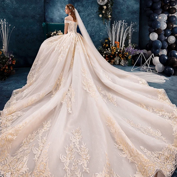 Charming Champagne Wedding Dresses 2019 A-Line / Princess Off-The-Shoulder Beading Lace Flower Sleeveless Backless Royal Train