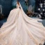 Charming Champagne Wedding Dresses 2019 A-Line / Princess Off-The-Shoulder Beading Lace Flower Sleeveless Backless Royal Train