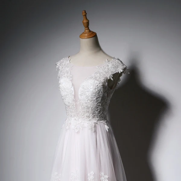 Élégant Blanche Perle Rose Robe De Soirée 2018 Princesse En Dentelle Appliques Encolure Dégagée Dos Nu Sans Manches Longue Robe De Ceremonie