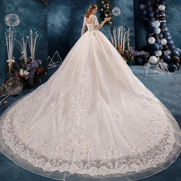 Classy Ivory Wedding Dresses 2019 A-Line / Princess Scoop Neck Beading Sequins Pearl Lace Flower Short Sleeve Backless Cathedral Train