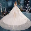 Classy Champagne Wedding Dresses 2019 A-Line / Princess Off-The-Shoulder Beading Rhinestone Sequins Lace Flower Short Sleeve Backless Royal Train