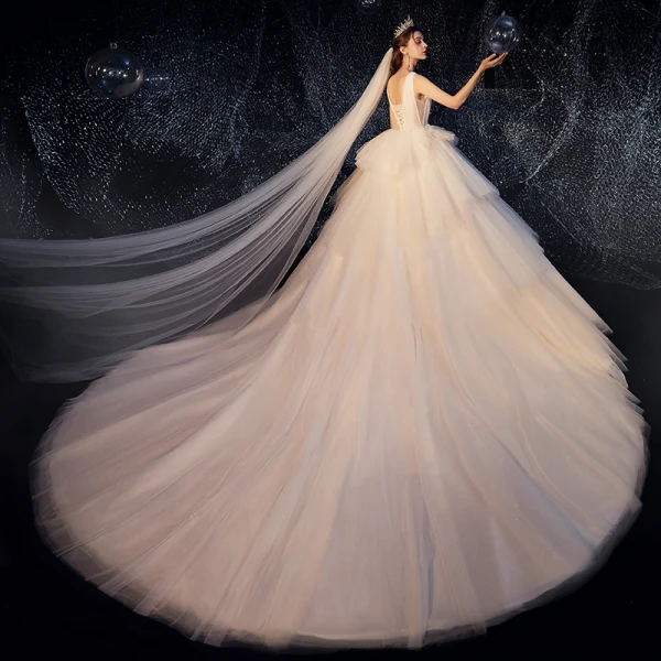 Fabulous Champagne Wedding Dresses 2019 Ball Gown Scoop Neck Beading Sleeveless Backless Cathedral Train