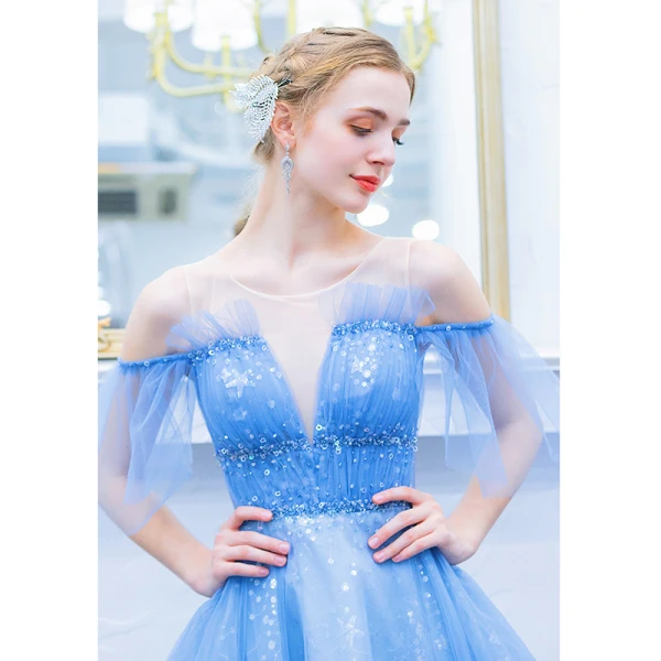 Elegante Blau Abendkleider 2019 A Linie Rundhalsausschnitt Perlenstickerei Pailletten Star Kurze Ärmel Rückenfreies Sweep / Pinsel Zug Festliche Kleider