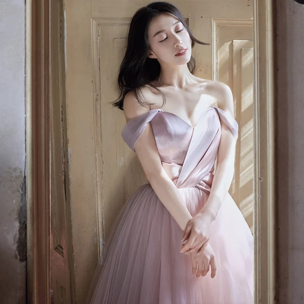 Elegante Rosa Ballkleider 2019 A Linie Off Shoulder Schleife Ärmellos Rückenfreies Lange Festliche Kleider