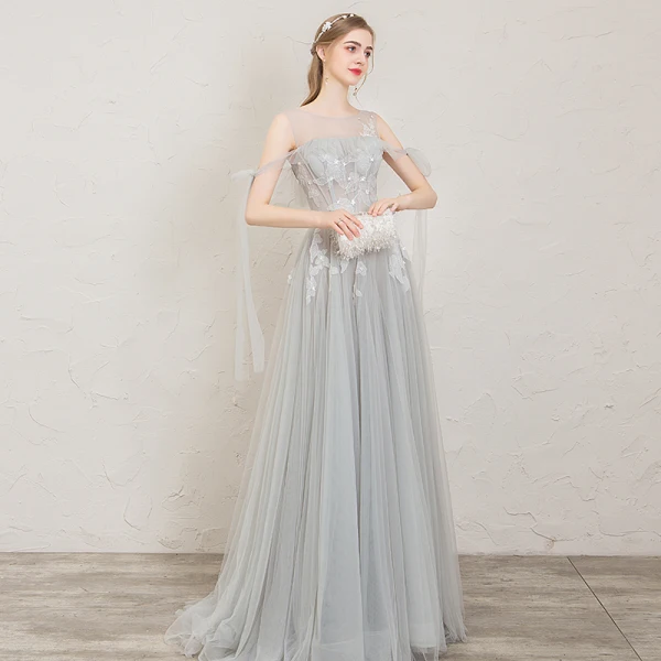 Elegant Grey Evening Dresses 2019 A-Line / Princess Scoop Neck Appliques Lace Flower Sleeveless Backless Floor-Length / Long Formal Dresses