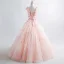 Elegant Pearl Pink Prom Dresses 2019 A-Line / Princess V-Neck Appliques Pearl Lace Flower Sleeveless Backless Floor-Length / Long Formal Dresses