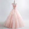 Elegant Pearl Pink Prom Dresses 2019 A-Line / Princess V-Neck Appliques Pearl Lace Flower Sleeveless Backless Floor-Length / Long Formal Dresses