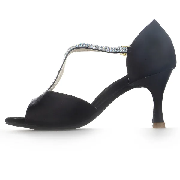 Fashion Black Rhinestone Prom Latin Dance Shoes 2021 T-Strap 7 cm Stiletto Heels Open / Peep Toe Womens Sandals High Heels