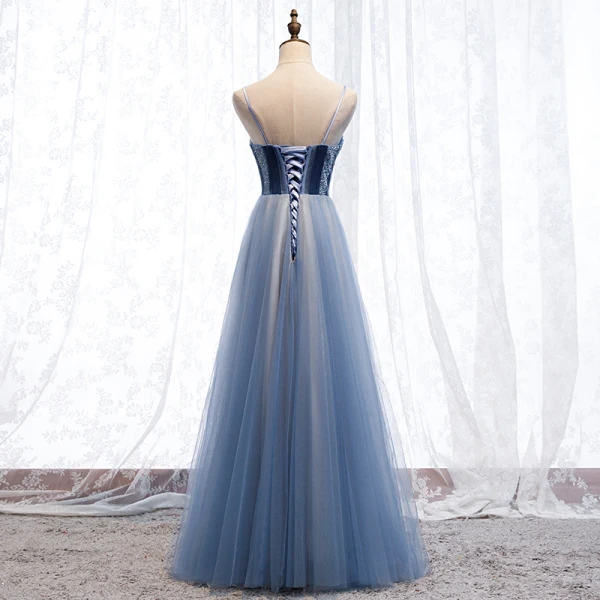 Chic / Belle Océan Bleu Robe De Soirée 2019 Princesse Bretelles Spaghetti Daim Perlage Cristal Sans Manches Dos Nu Longue Robe De Ceremonie